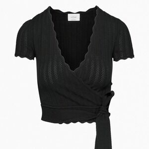 Wilfred Black Knit Wrap Cropped Scalloped Short Sleeve Tie Waist Size Small